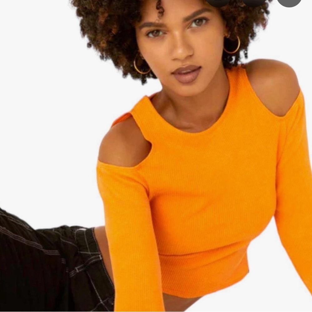 Daydreamer Rebel Girl Cold Shoulder Waffle Thermal CropTop -Orange Mineral